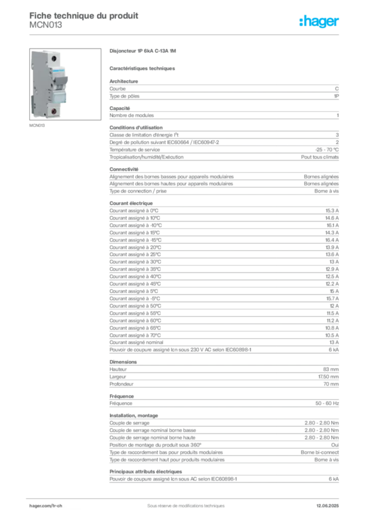 Image Hager Fiche technique du produit MCN013 | Hager Suisse