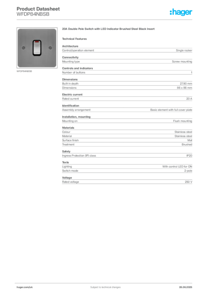 Image Hager Product data sheet WFDP84NBSB  | Hager