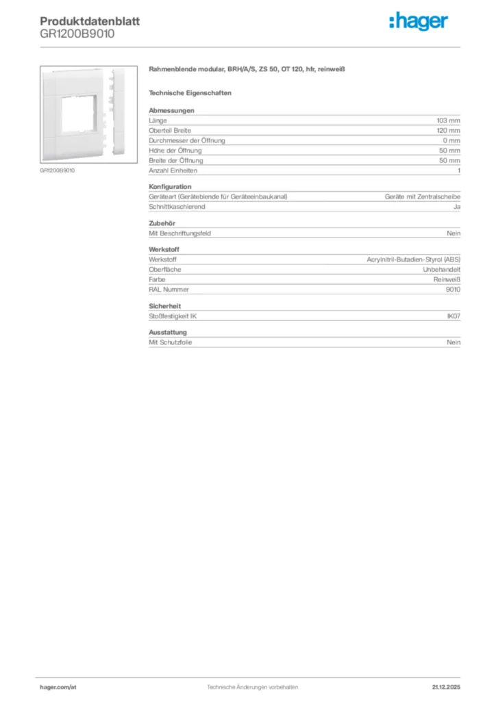 Bild Hager Produktdatenblatt GR1200B9010 | Hager Deutschland