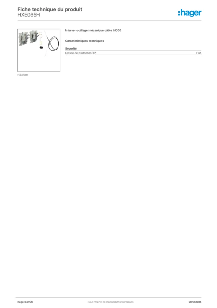 Image Hager Fiche technique du produit HXE065H | Hager France