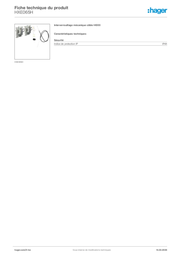 Image Hager Fiche technique du produit HXE065H | Hager Belgique