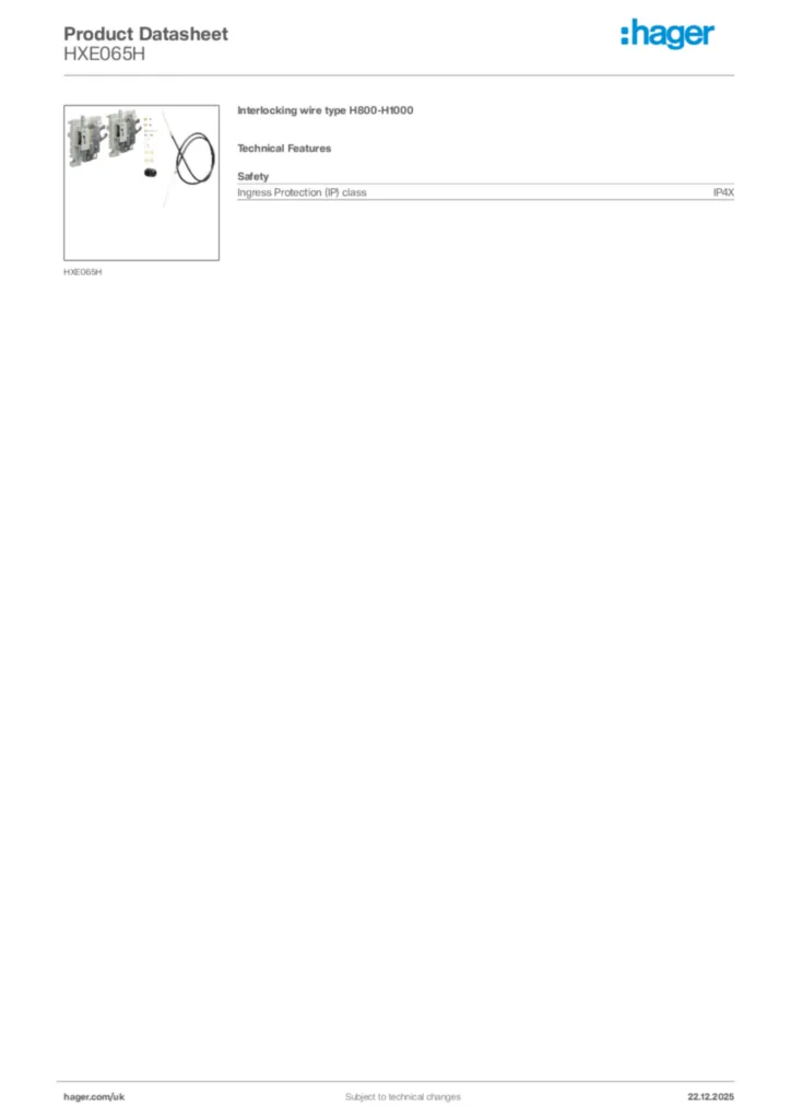 Image Hager Product data sheet HXE065H  | Hager