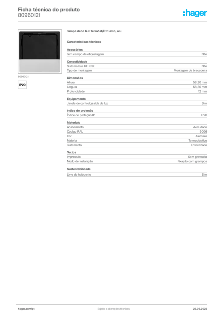 Imagem Hager Ficha técnica do produto 80960121 | Hager Portugal