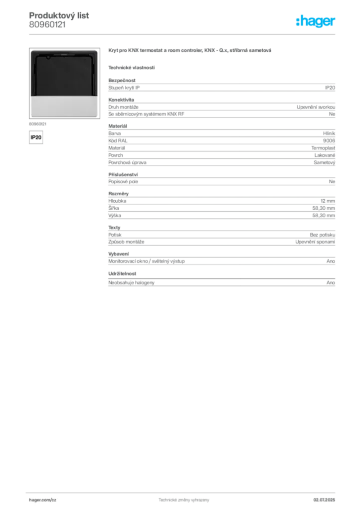 Obrázek Hager Produktový list 80960121 | Hager