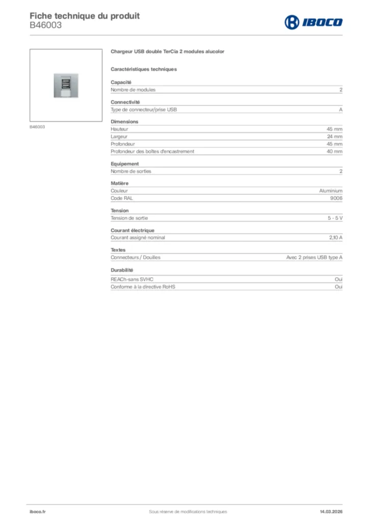 Image Iboco Fiche technique du produit B46003 | Hager France