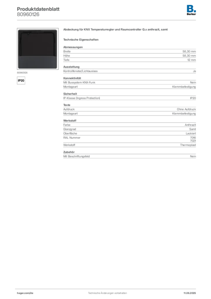 Bild Berker Produktdatenblatt 80960126 | Hager Deutschland