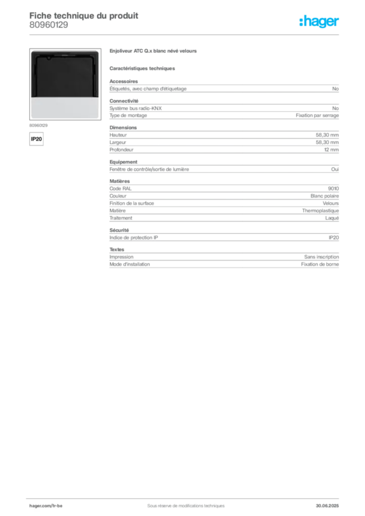Image Hager Fiche technique du produit 80960129 | Hager Belgique