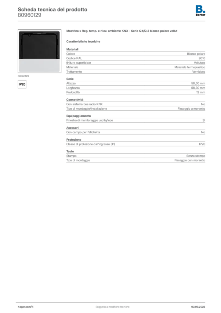 Immagine Berker Scheda tecnica del prodotto 80960129 | Hager Italia