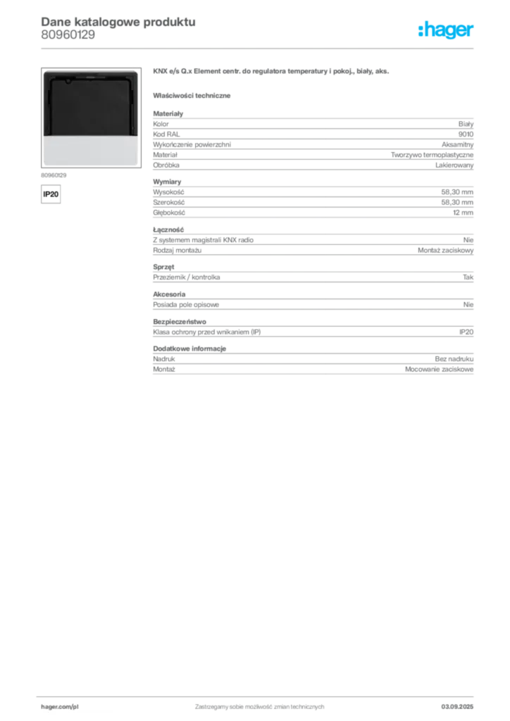 Zdjęcie Hager Dane katalogowe produktu 80960129 | Hager Polska