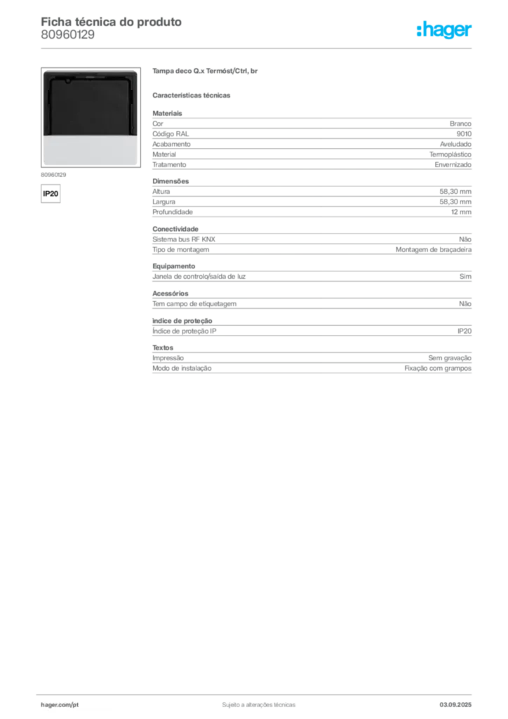 Imagem Hager Ficha técnica do produto 80960129 | Hager Portugal