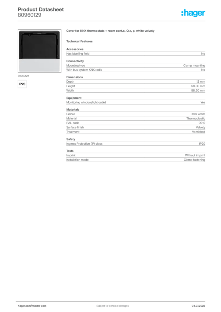 Image Hager Product data sheet 80960129  | Hager