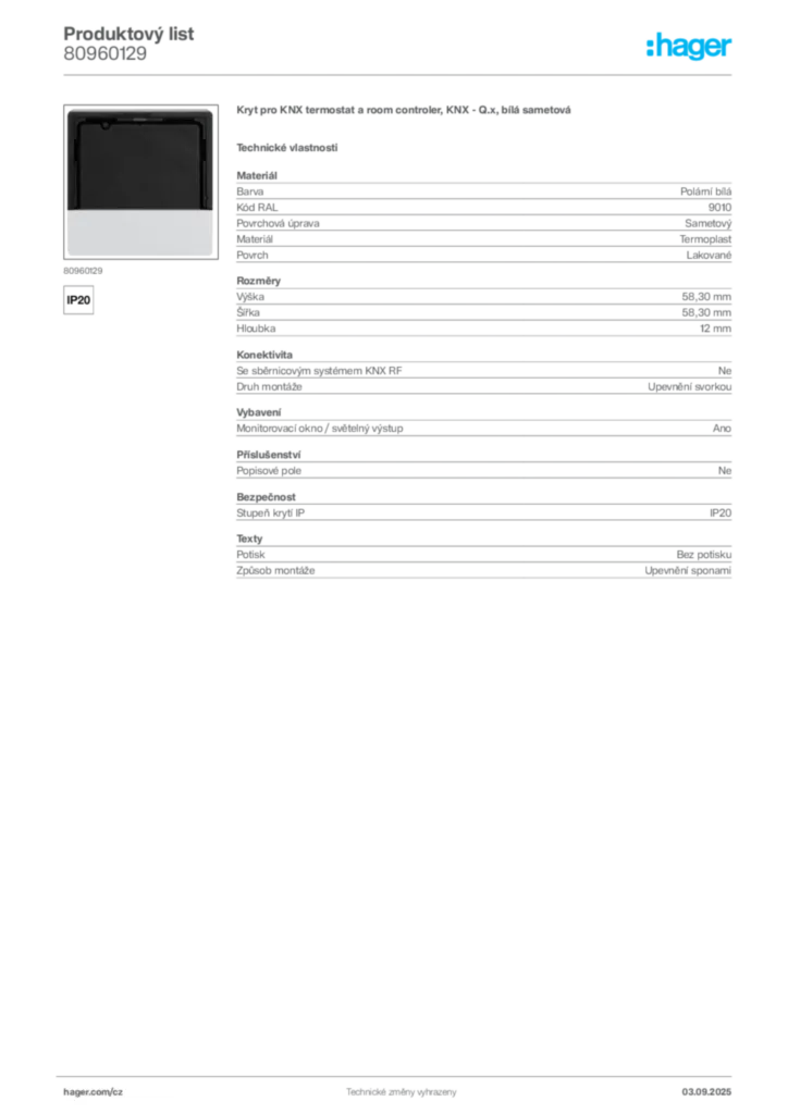 Obrázek Hager Produktový list 80960129 | Hager