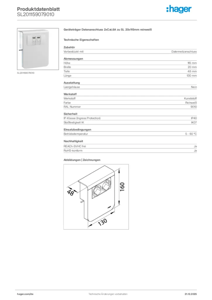 Bild Hager Produktdatenblatt SL201159079010 | Hager Deutschland