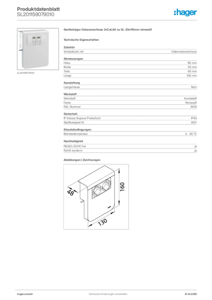 Bild Hager Produktdatenblatt SL201159079010 | Hager Deutschland