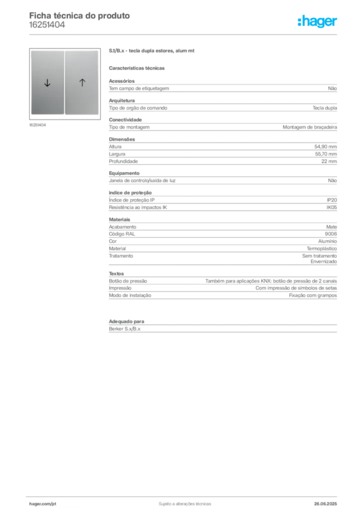Imagem Hager Ficha técnica do produto 16251404 | Hager Portugal