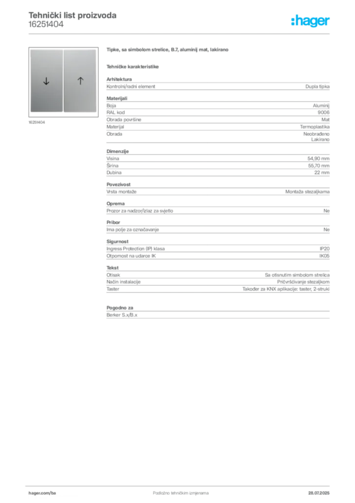 Slika Hager Product data sheet 16251404  | Hager
