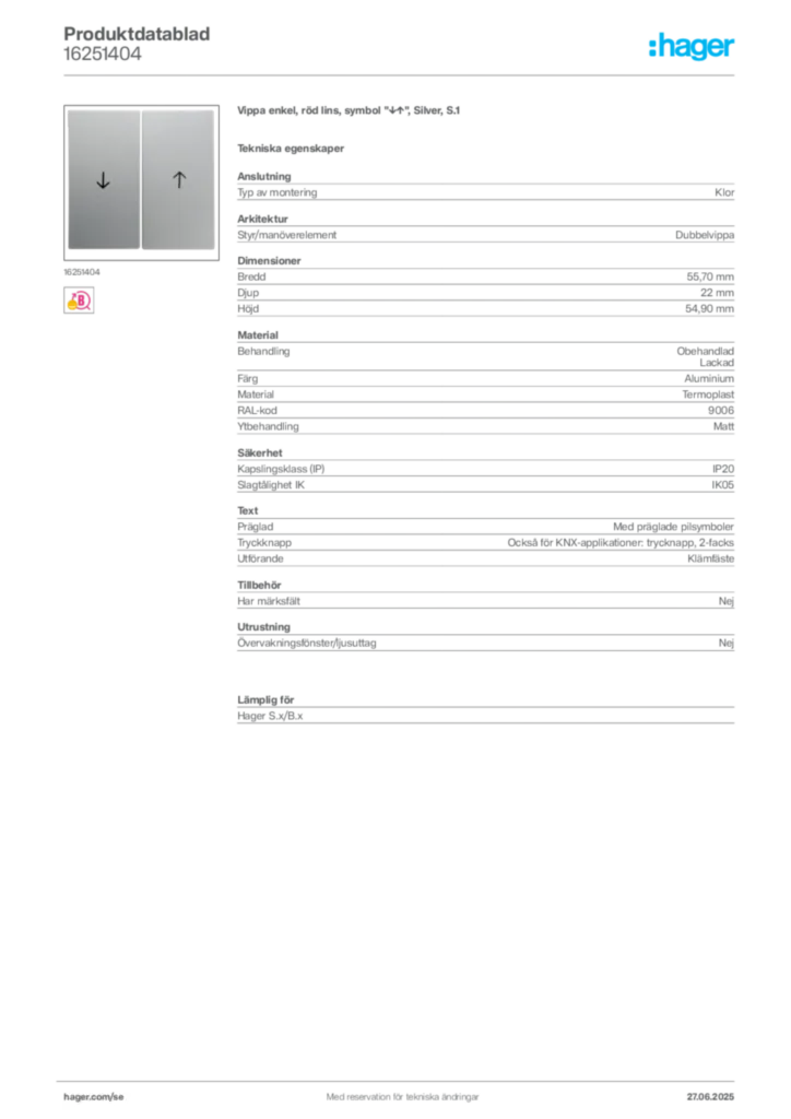 Bild Hager Produktdatablad 16251404 | Hager Sverige