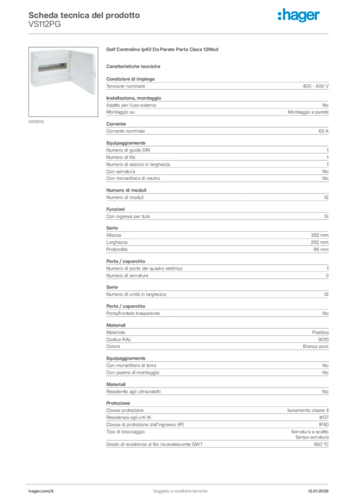 Immagine Hager Scheda tecnica del prodotto VS112PG | Hager Italia