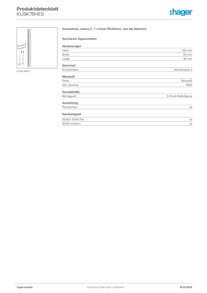 Bild Hager Produktdatenblatt KU9K76HES | Hager Deutschland