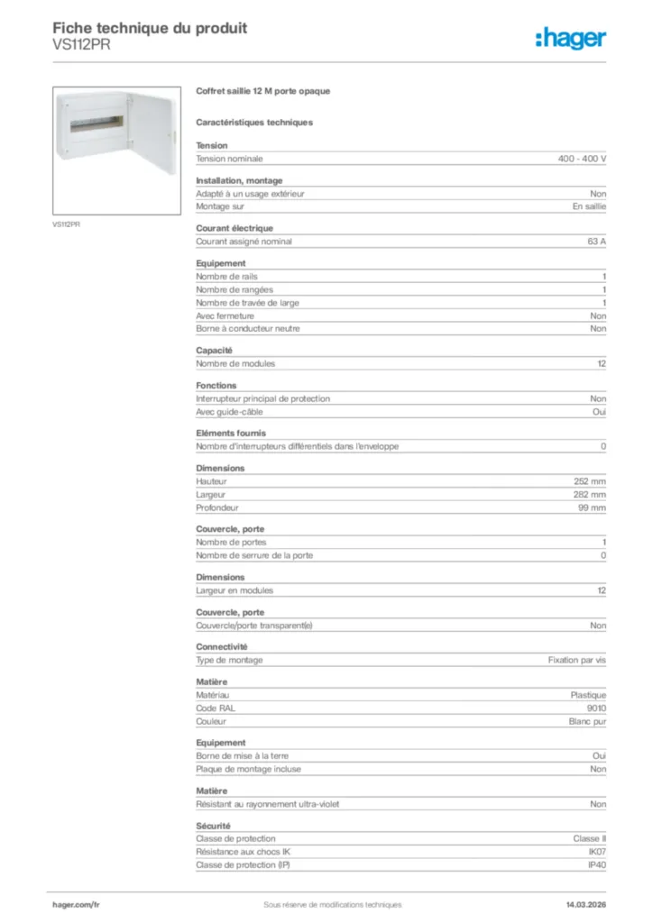 Image Hager Fiche technique du produit VS112PR | Hager France