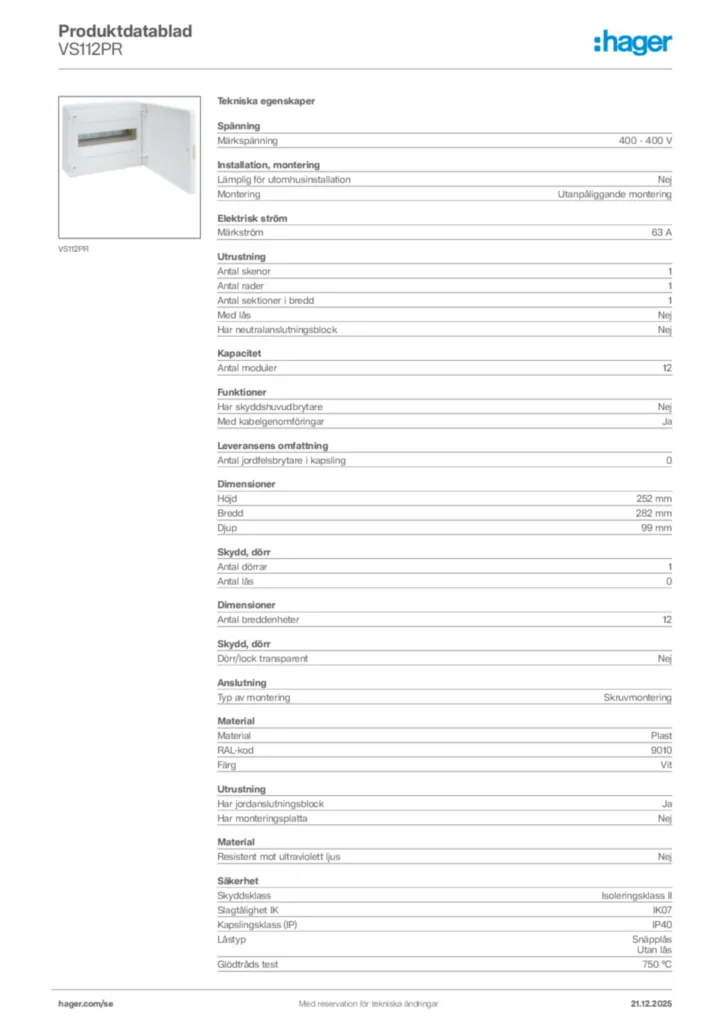 Bild Hager Produktdatablad VS112PR | Hager Sverige