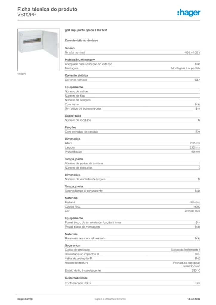 Imagem Hager Ficha técnica do produto VS112PP | Hager Portugal