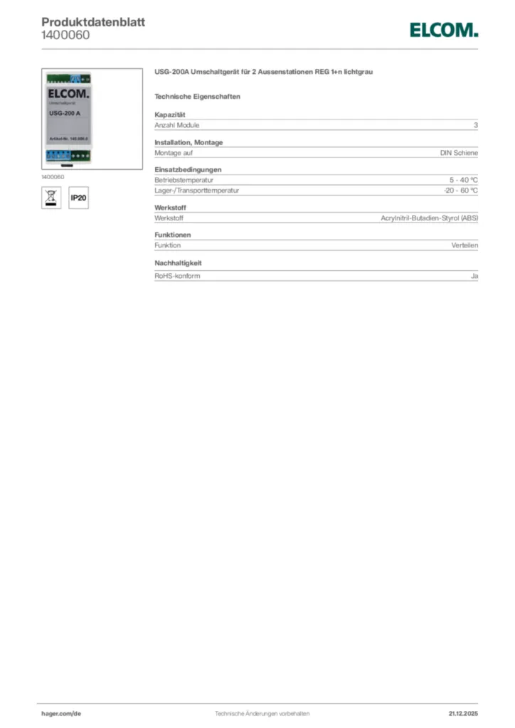 Bild Elcom Produktdatenblatt 1400060 | Hager Deutschland
