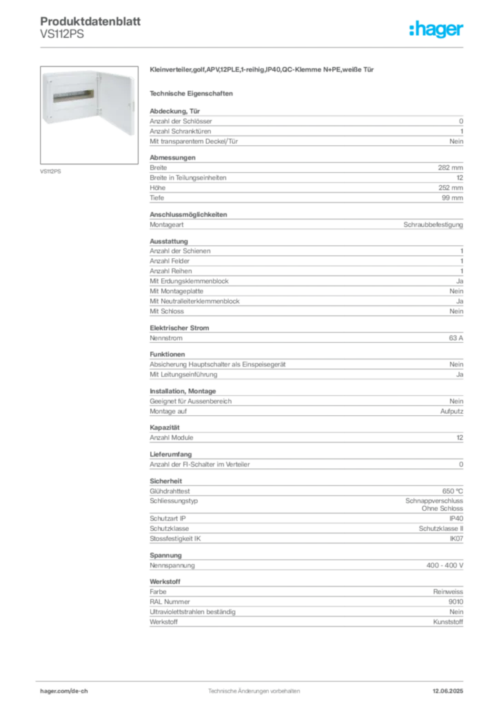 Bild Hager Produktdatenblatt VS112PS | Hager Schweiz
