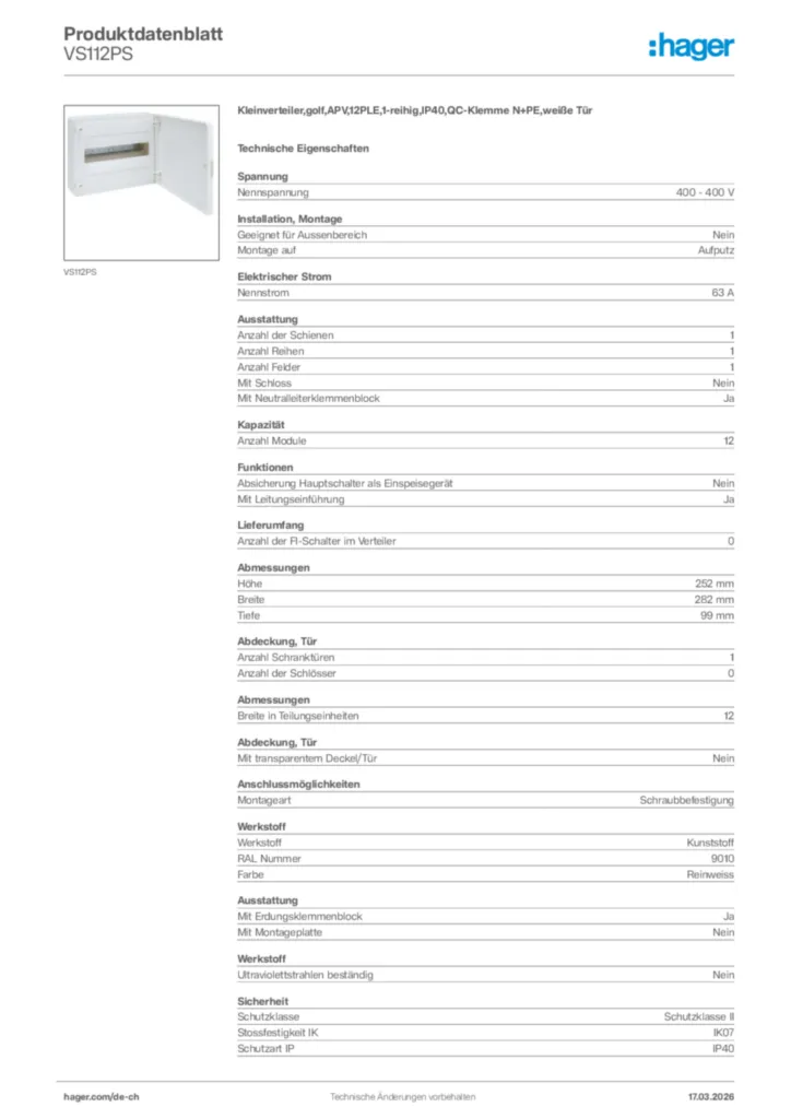 Bild Hager Produktdatenblatt VS112PS | Hager Schweiz