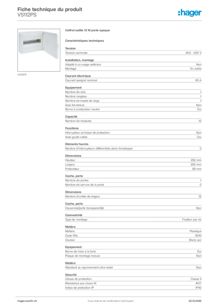 Image Hager Fiche technique du produit VS112PS | Hager Suisse
