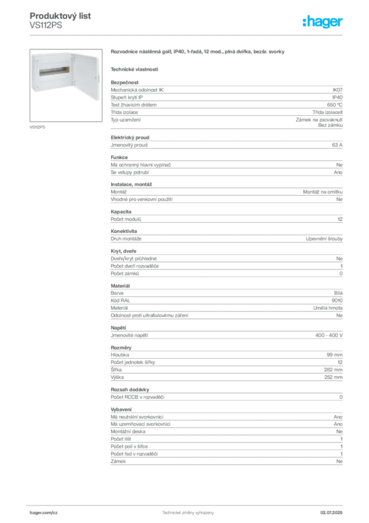 Obrázek Hager Produktový list VS112PS | Hager