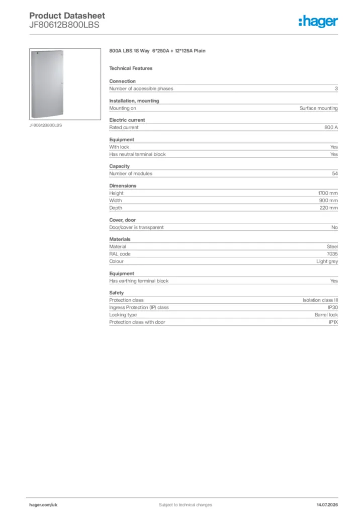 Image Hager Product data sheet JF80612B800LBS  | Hager