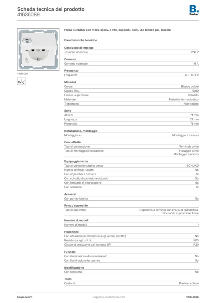 Immagine Berker Scheda tecnica del prodotto 41636089 | Hager Italia