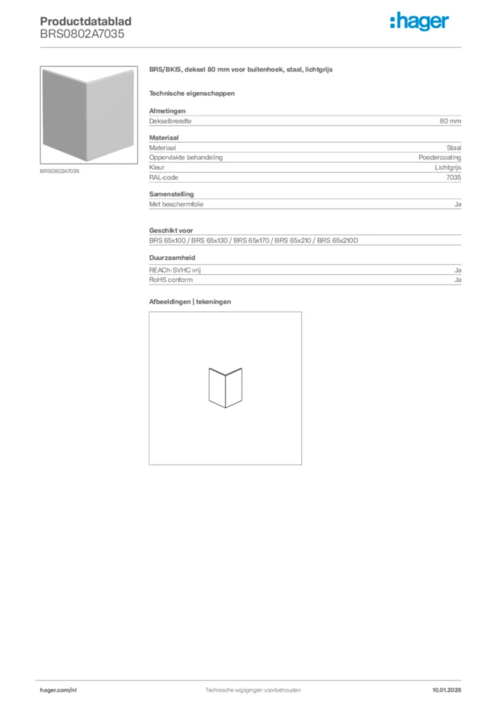 Afbeelding Hager Productdatablad BRS0802A7035 | Hager Nederland