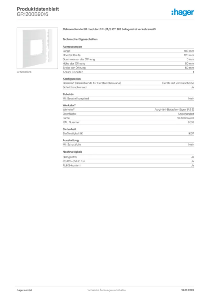 Bild Hager Produktdatenblatt GR1200B9016 | Hager Deutschland