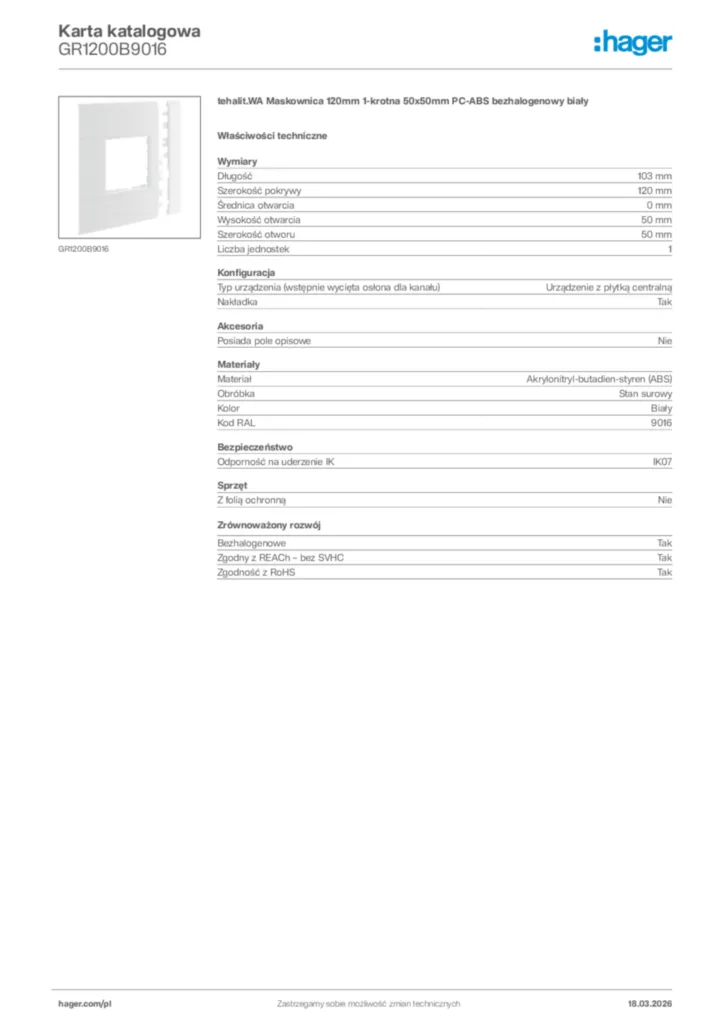 Zdjęcie Hager Karta katalogowa GR1200B9016 | Hager Polska