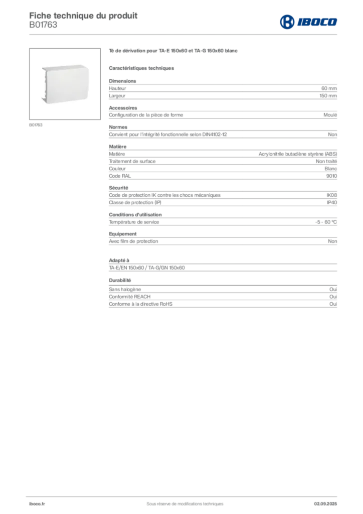 Image Iboco Fiche technique du produit B01763 | Hager France