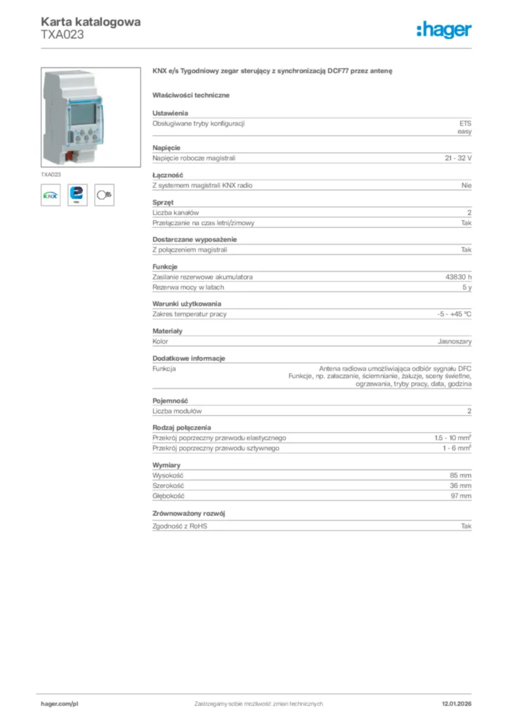 Zdjęcie Hager Karta katalogowa TXA023 | Hager Polska