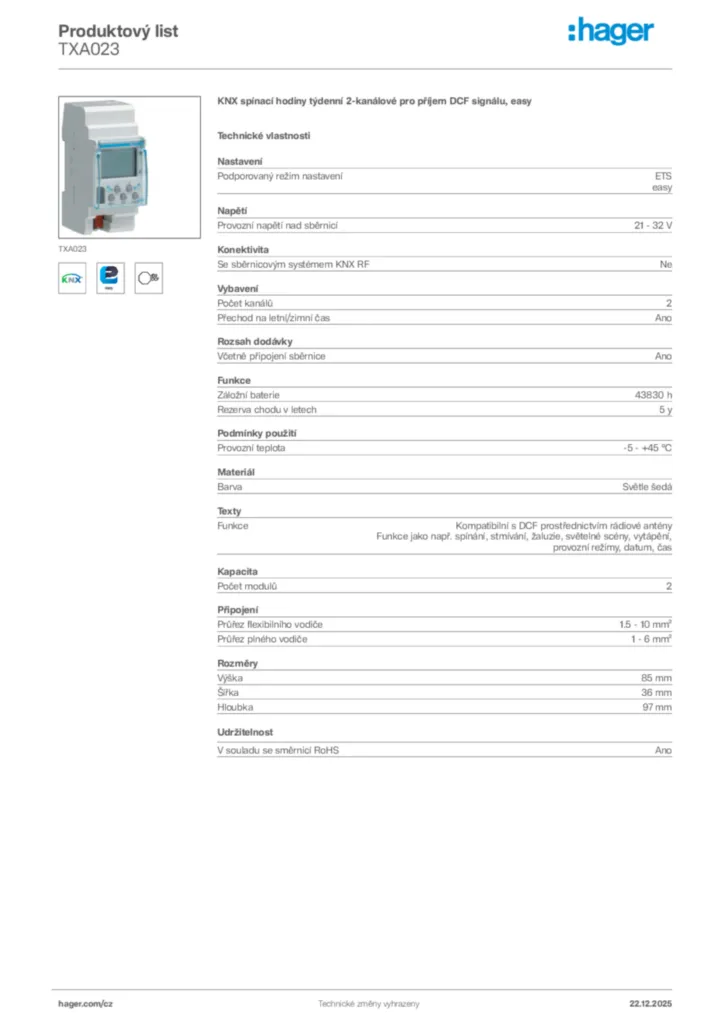 Obrázek Hager Produktový list TXA023 | Hager