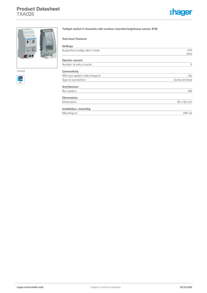Image Hager Product data sheet TXA026  | Hager