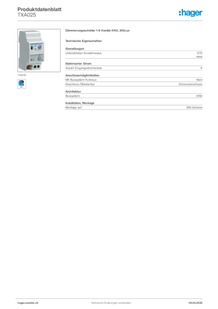 Bild Hager Produktdatenblatt TXA025 | Hager Schweiz