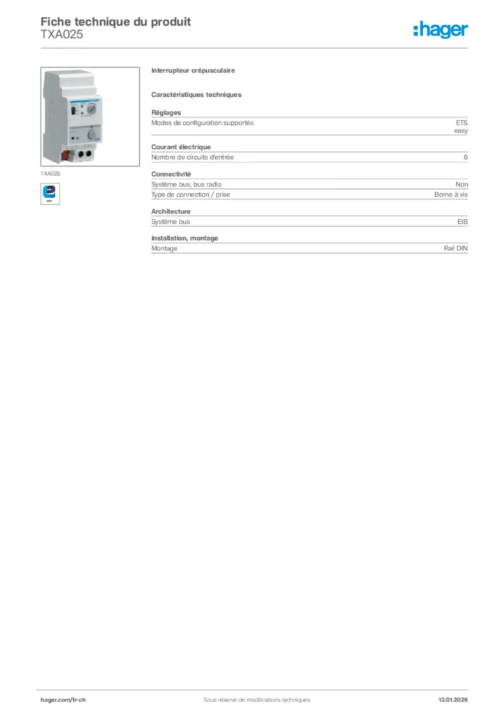 Image Hager Fiche technique du produit TXA025 | Hager Suisse