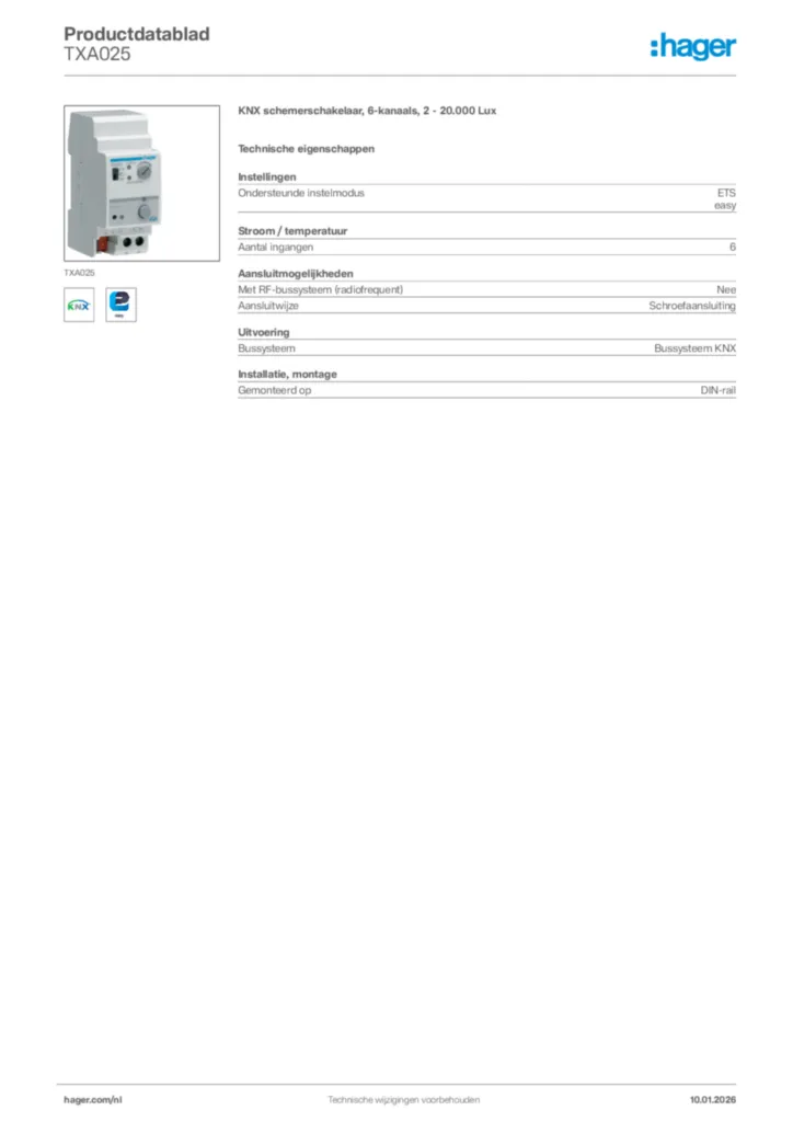 Afbeelding Hager Productdatablad TXA025 | Hager Nederland