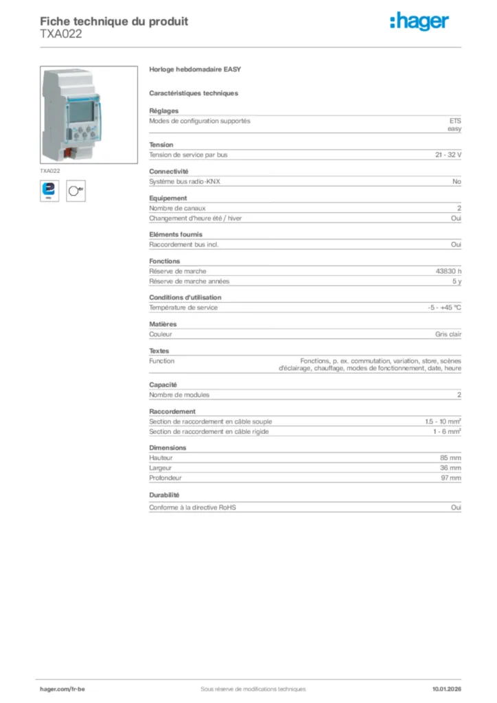 Image Hager Fiche technique du produit TXA022 | Hager Belgique