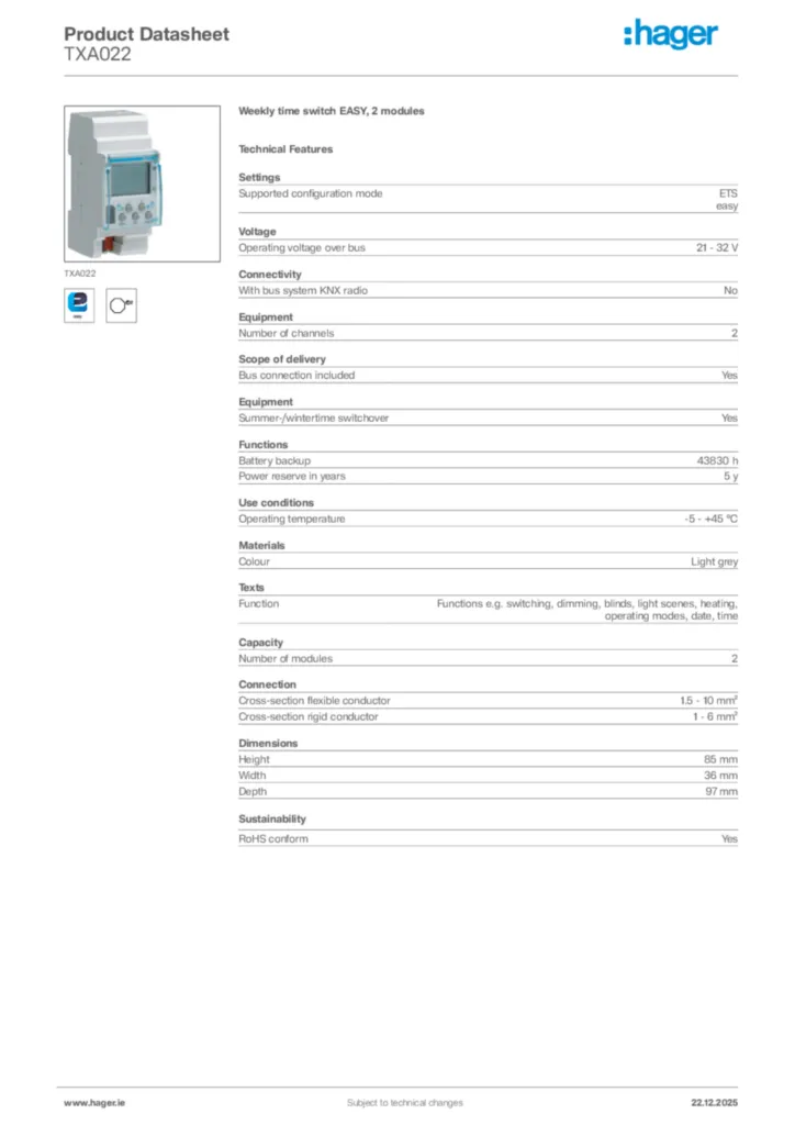 Image Hager Product data sheet TXA022  | Hager
