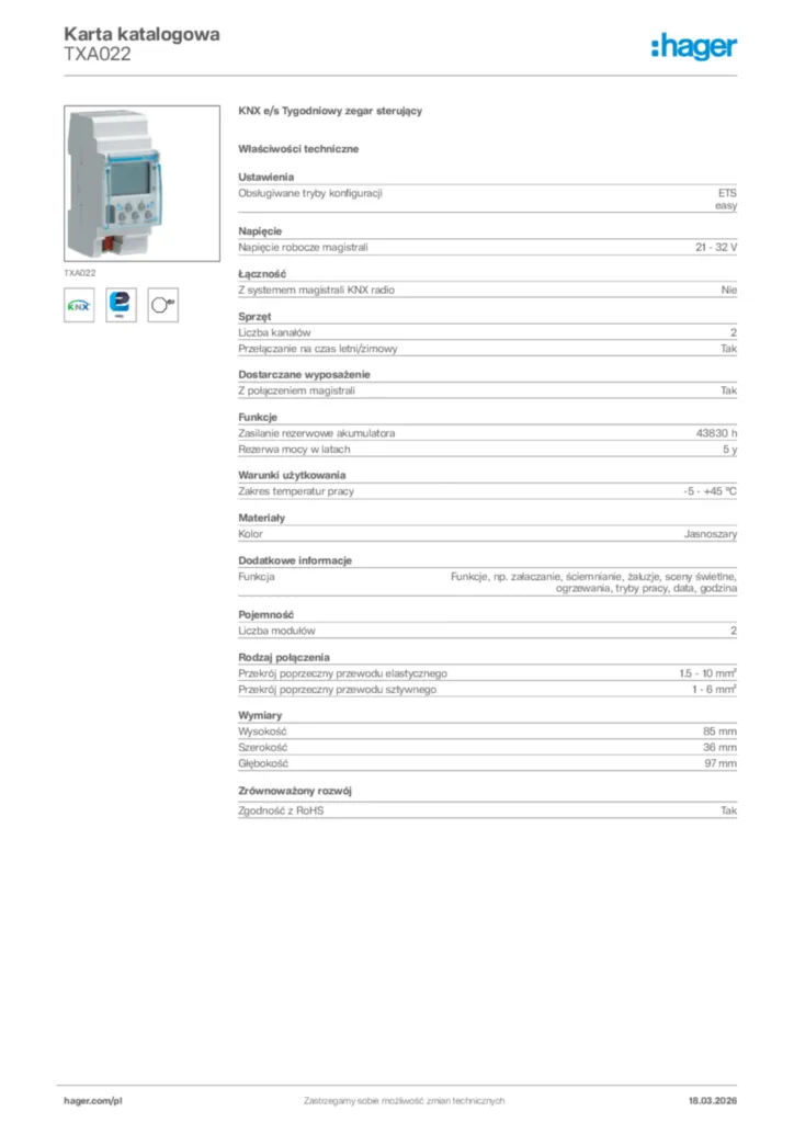 Zdjęcie Hager Karta katalogowa TXA022 | Hager Polska