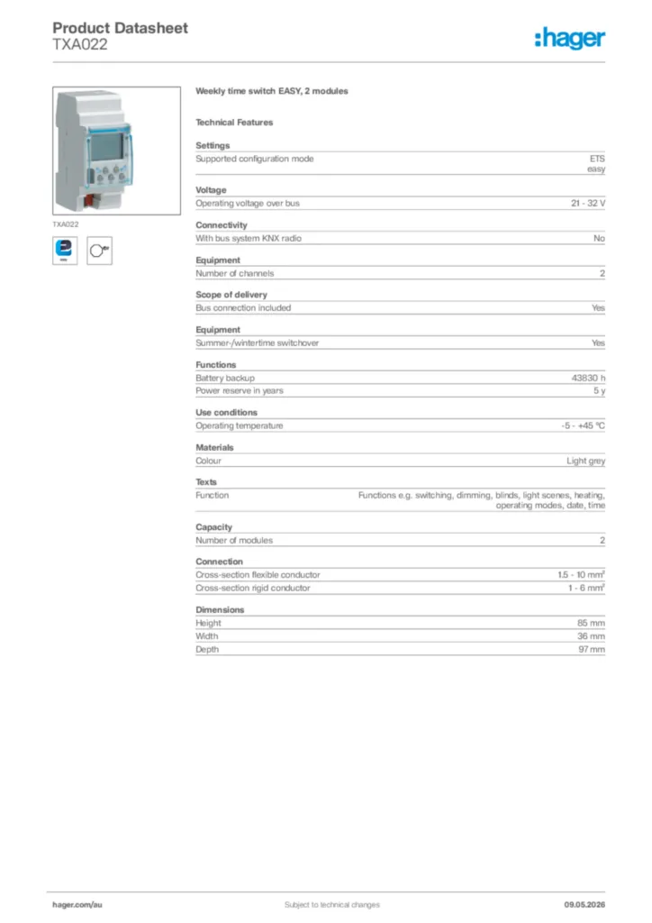 Image Hager Product data sheet TXA022  | Hager Australia