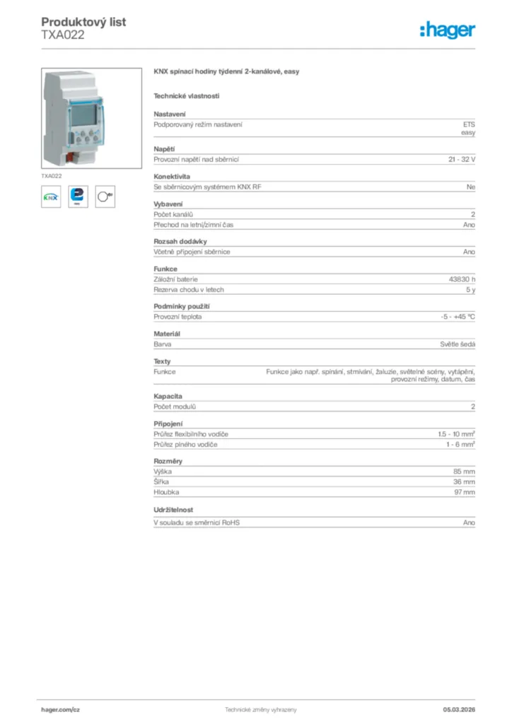 Obrázek Hager Product data sheet TXA022 | Hager