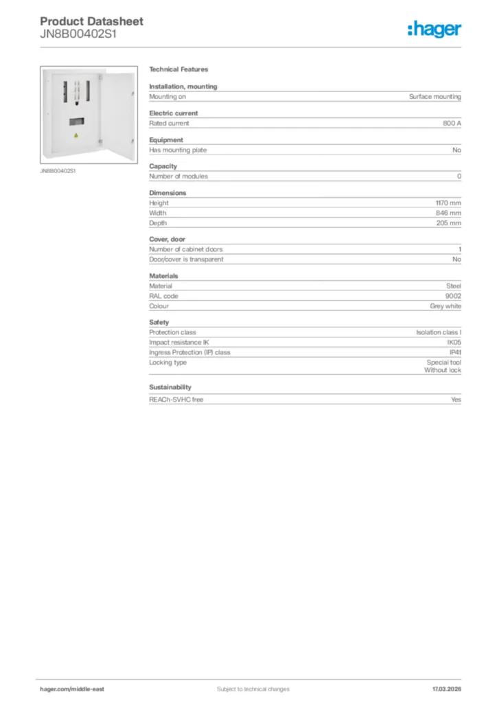 Image Hager Product data sheet JN8B00402S1  | Hager
