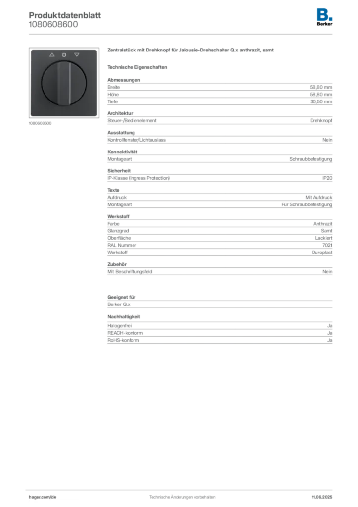 Bild Berker Produktdatenblatt 1080608600 | Hager Deutschland